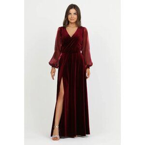 Burgundy Velvet Dress Size 16W Plus Organza Sheer Sleeves Elegant Formal Holiday